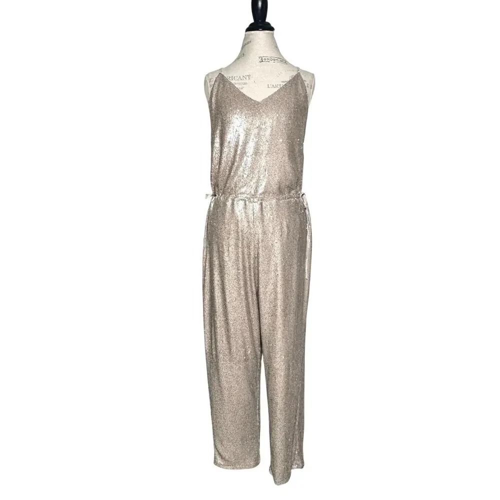 Free People | Women | Champagne All Over Sequin Slouchy Party Jumpsuit | Large